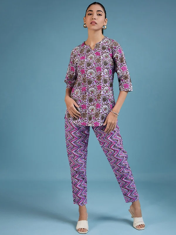 NOZ2TOZ Women Party Wear Flower Printed Co-Ord Set With Pant - Purple Comfy High-Waist Jeans NOZ2TOZ Women Party Wear Flower Printed Co-Ord Set With Pant - Purple Comfy High-Waist Jeans