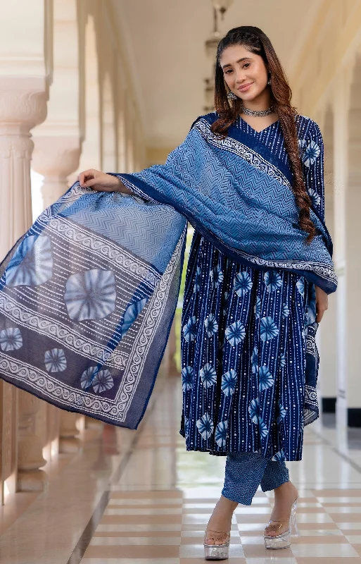 NOZ2TOZ Women Blue Printed Viscose Rayon Kurta, Pant And Dupatta Set Chic Checkered Pants NOZ2TOZ Women Blue Printed Viscose Rayon Kurta, Pant And Dupatta Set Chic Checkered Pants