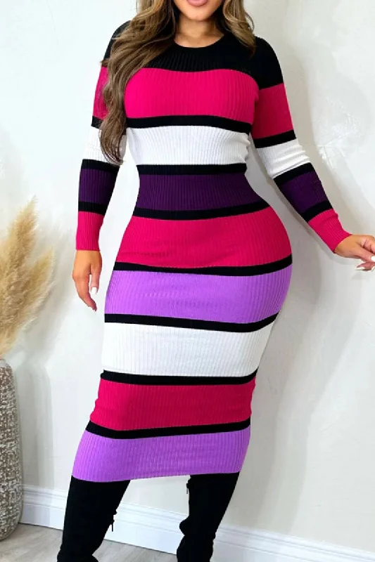 Elegant Color Block Patchwork Contrast O Neck Long Dress Dresses Tunics Velvet soft