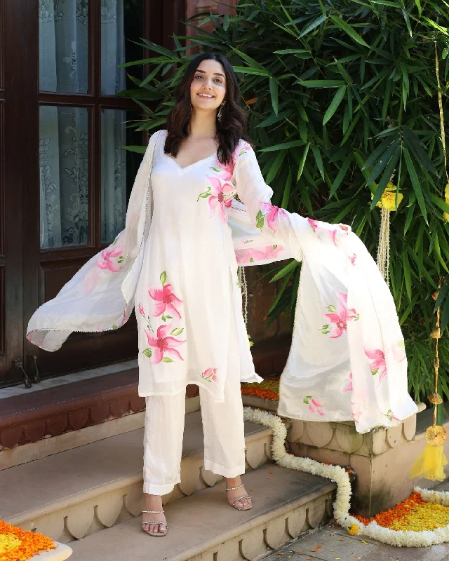 NOZ2TOZ Women Party Wear Printed Kurta With Pant And Dupatta Set - Off White Casual Track Pants NOZ2TOZ Women Party Wear Printed Kurta With Pant And Dupatta Set - Off White Casual Track Pants