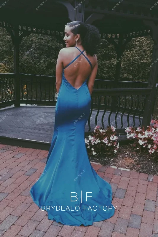 Crisscross Backless Royal Blue Satin Sleeveless Mermaid Prom Dress Maxi Flowy Bohemian Crisscross Backless Royal Blue Satin Sleeveless Mermaid Prom Dress Maxi Flowy Bohemian