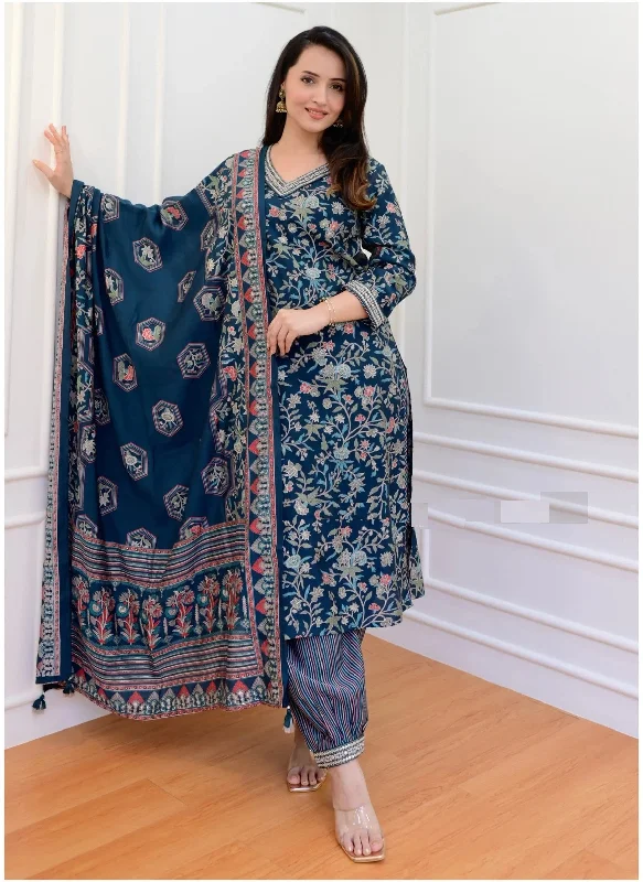 NOZ2TOZ Women Party Wear Printed Rayon Kurta With Pant And Dupatta Set - Dark Blue Classic Flared Pants NOZ2TOZ Women Party Wear Printed Rayon Kurta With Pant And Dupatta Set - Dark Blue Classic Flared Pants