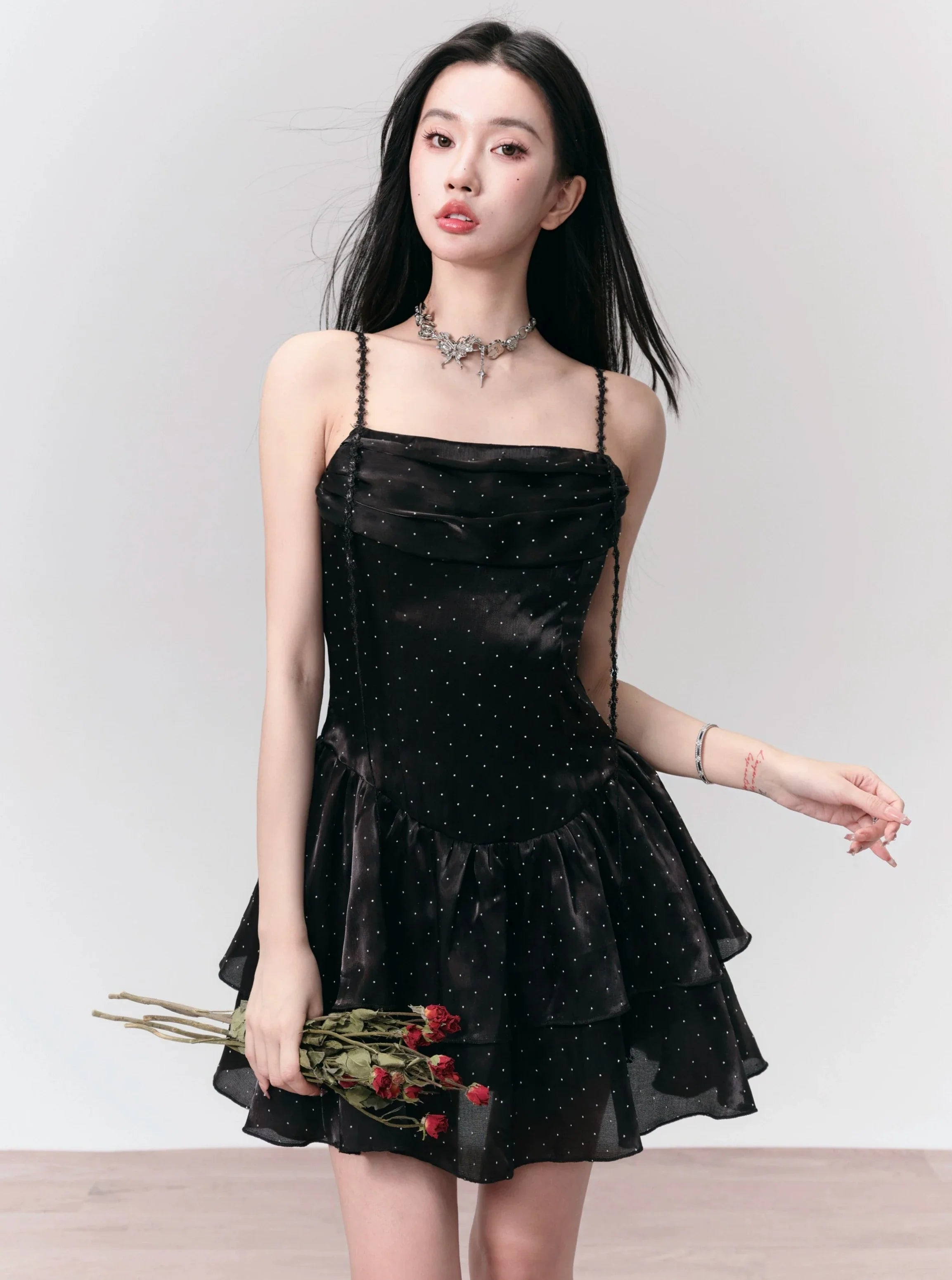 Black Velvet Spaghetti Strap Tiered Mini Dress Fashionable Lace Mini Dress