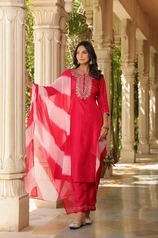 NOZ2TOZ Women Party Wear Embroidery Worked Kurta With Pant And Dupatta Set - Pink Casual Lounge Pants