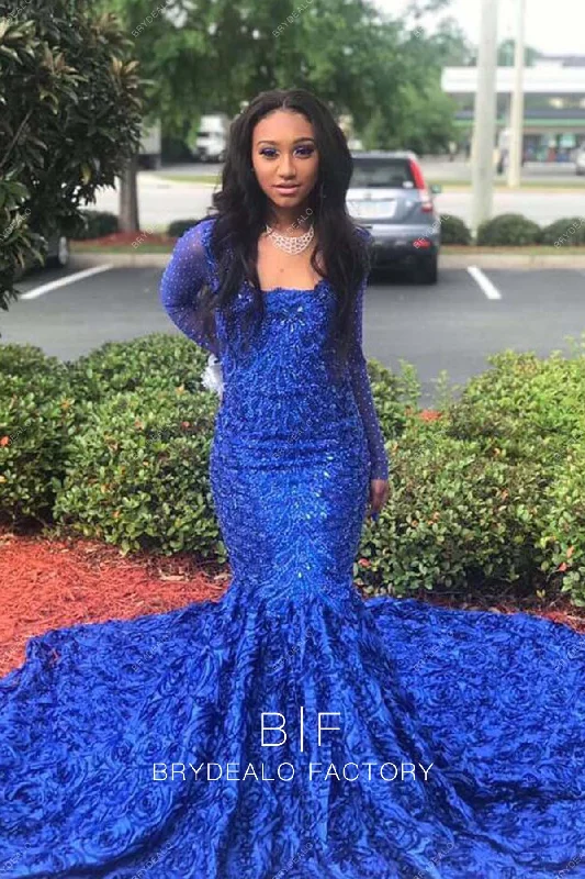 Dramatic Royal Blue 3D Roses Trumpet Long Train Prom Dress Tunics Vintage classic