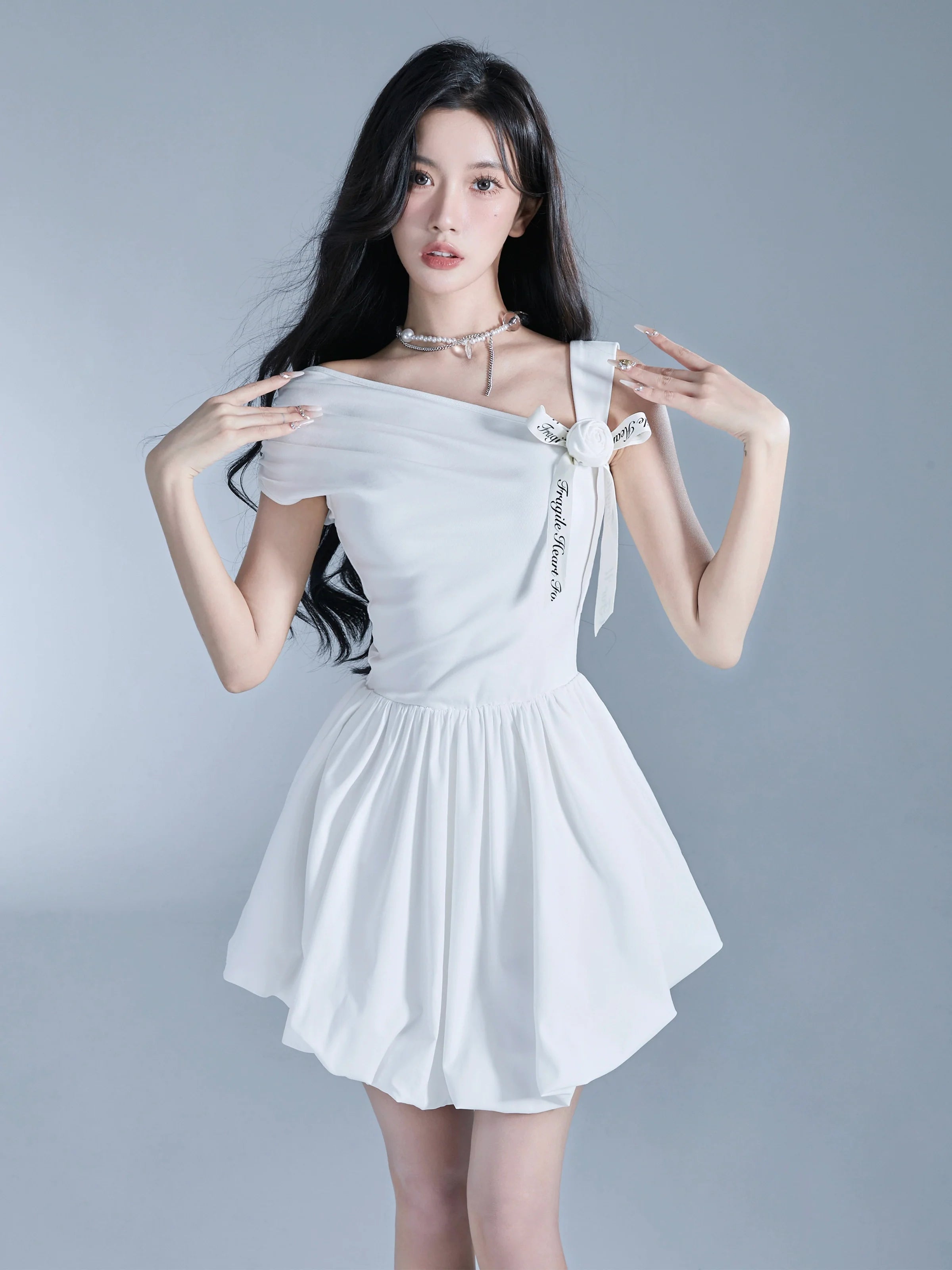 Angelic One-Shoulder White Ballerina Mini Dress with Bow Detail Stylish Spaghetti Strap Mini Dress