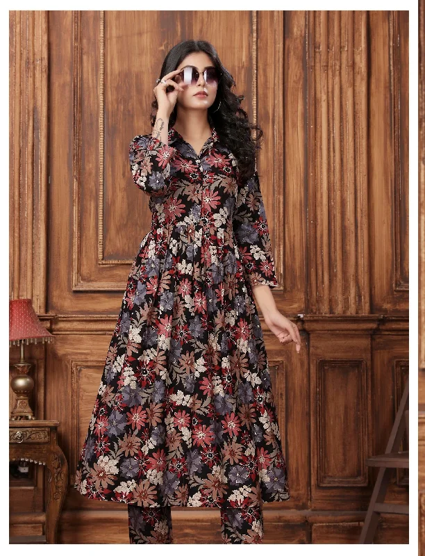 NOZ2TOZ Women Party Wear Flower Printed Co-Ord Set With Pant - Black Wide-Legged Palazzos NOZ2TOZ Women Party Wear Flower Printed Co-Ord Set With Pant - Black Wide-Legged Palazzos