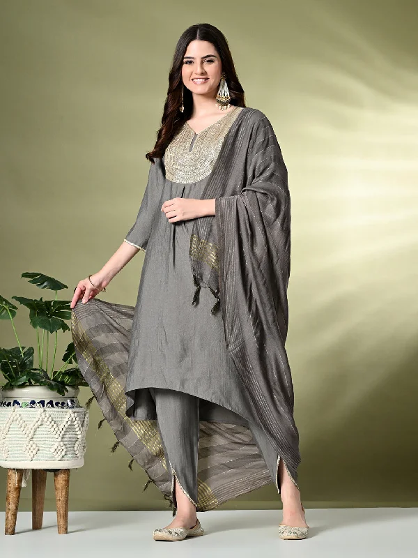Myshka Women's Embroidered V-Neck Bell Sleeves Kurta & Dhoti Pants With Dupatta Sets in Grey Color Comfortable Denim Pants Myshka Women's Embroidered V-Neck Bell Sleeves Kurta & Dhoti Pants With Dupatta Sets in Grey Color Comfortable Denim Pants