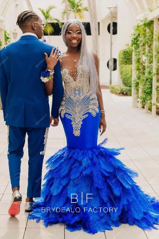 Sparkly Rhinestones Royal Blue Big Feathers Trumpet Long Prom Dress Tunics Winter warm