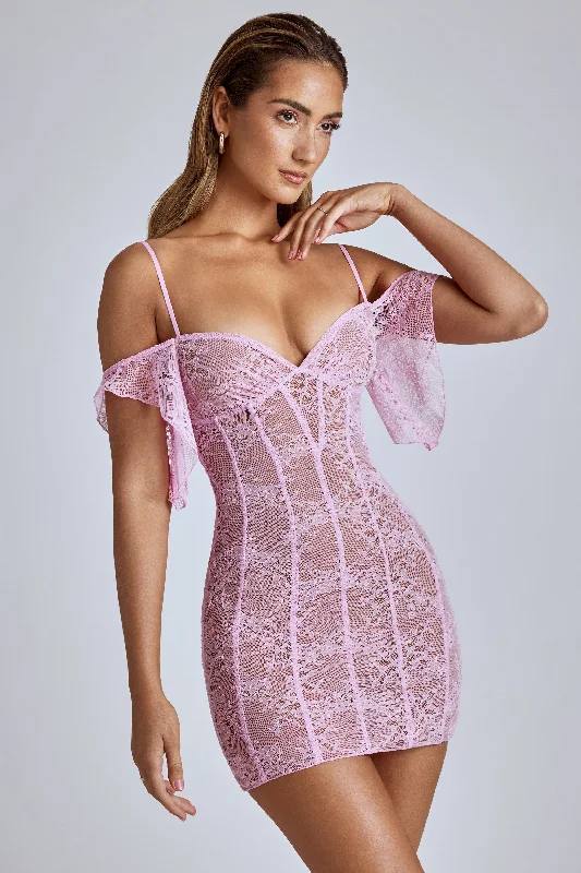 Sheer Lace A-Line Mini Dress in Baby Pink Trendy Bodycon Mini Dress