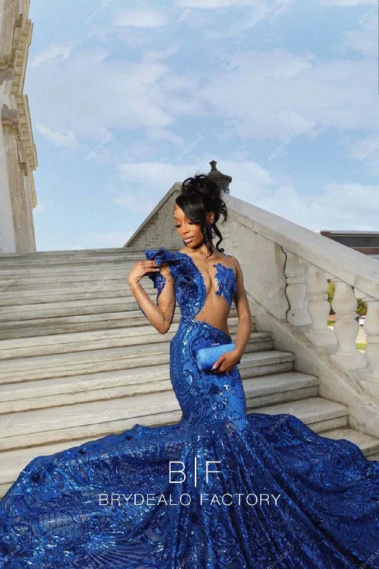 Royal Blue Unique Sequin One Sleeve Mermaid Prom Dress Tunics Summer linen