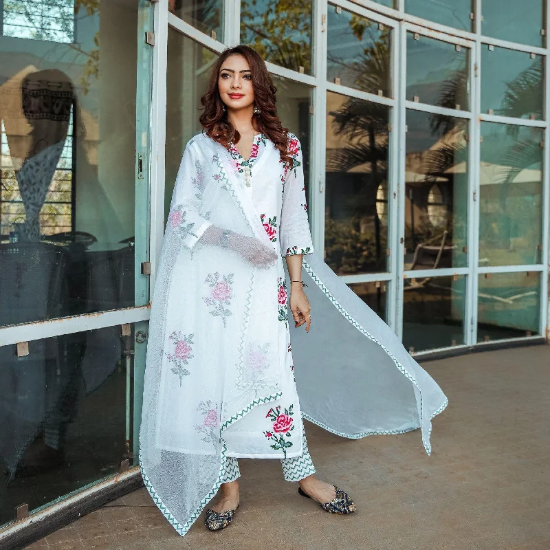 NOZ2TOZ Women White Printed Viscose Rayon Kurta, Pant And Dupatta Set Comfortable Maternity Pants NOZ2TOZ Women White Printed Viscose Rayon Kurta, Pant And Dupatta Set Comfortable Maternity Pants