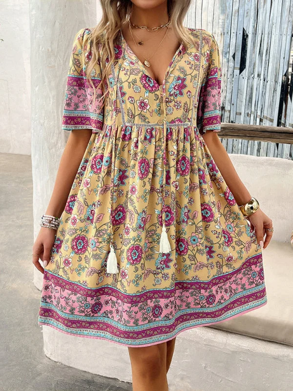 Blue Zone Planet | Spring and summer casual holiday printed short-sleeved dress Tunics Custom made Blue Zone Planet | Spring and summer casual holiday printed short-sleeved dress Tunics Custom made