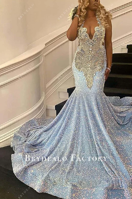 Dazzling Rhinestone Plunging Sequin Long Train Prom Dress Maxi Flowy Bohemian