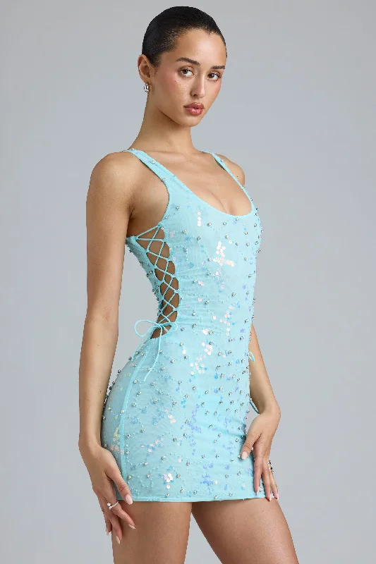 Embellished Lace-Up Mini Dress in Ice Blue Elegant Lace-Up Mini Dress
