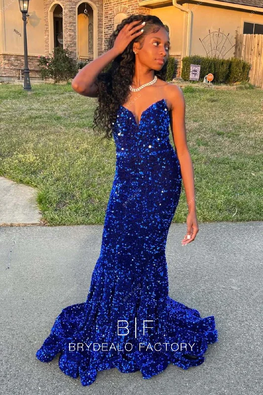 Royal Blue Sequins Strapless Court Train Mermaid Prom Dress Tunics Versatile functional Royal Blue Sequins Strapless Court Train Mermaid Prom Dress Tunics Versatile functional