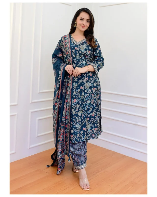 NOZ2TOZ Women Blue Printed Viscose Rayon Kurta, Pant And Dupatta Set Cozy Full-Length Pants NOZ2TOZ Women Blue Printed Viscose Rayon Kurta, Pant And Dupatta Set Cozy Full-Length Pants