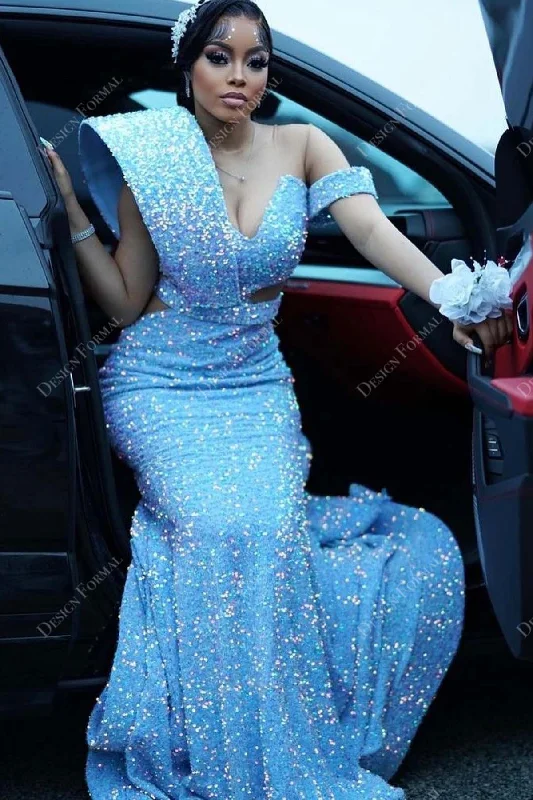 Sky Blue Sequin Asymmetrical Custom Mermaid Prom Dress Tunics Bestseller popular