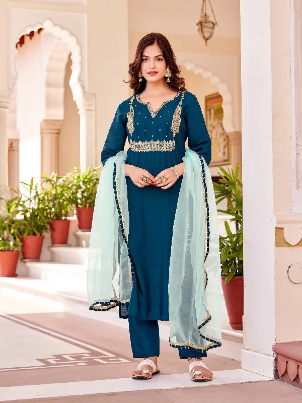 NOZ2TOZ Women Party Wear Embroidery Worked Kurta With Pant And Dupatta Set - Petrol Stylish Slim Trousers NOZ2TOZ Women Party Wear Embroidery Worked Kurta With Pant And Dupatta Set - Petrol Stylish Slim Trousers