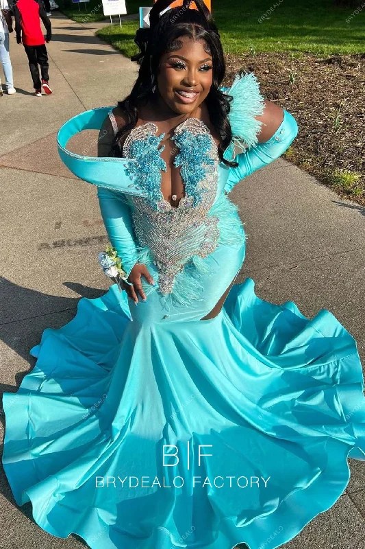 Spa Blue Spandex Plunging Neck Rhinestones Mermaid Prom Dress Tunics Occasion special Spa Blue Spandex Plunging Neck Rhinestones Mermaid Prom Dress Tunics Occasion special