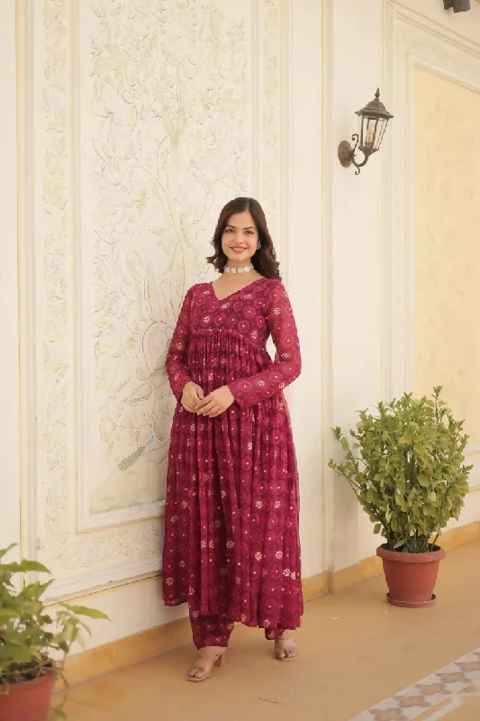 Aastha Fashion Magenta Faux Georgette Printed Gown With Pant Lightweight Jogger Pants
