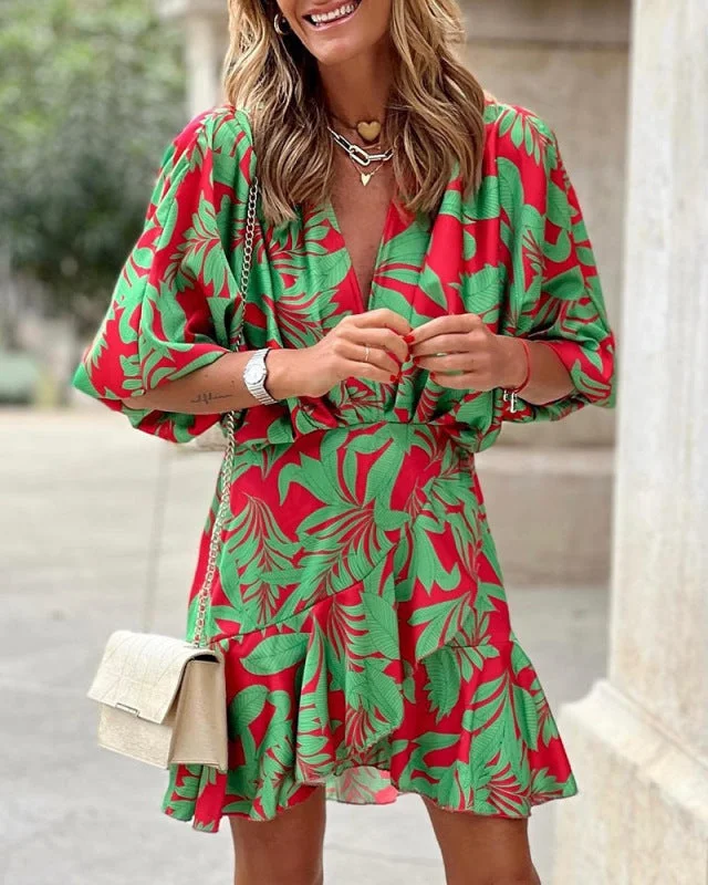Women's Printed Deep V Puff Sleeves Elegant Lotus Leaf Dress Off-the-shoulder Chic Trendy