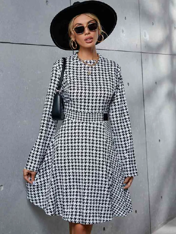 Houndstooth Long Sleeve Round Neck Dress Tunics Gym athletic