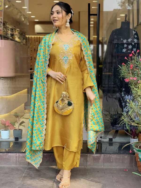 NOZ2TOZ Women Party Wear Embroidery Worked Kurta With Pant And Dupatta Set - Mustard Elegant High-Waist Pants NOZ2TOZ Women Party Wear Embroidery Worked Kurta With Pant And Dupatta Set - Mustard Elegant High-Waist Pants
