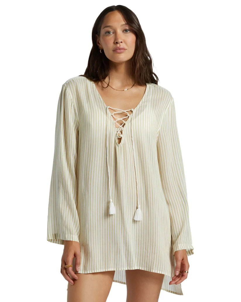 BILLABONG Women's Blue Skies Beach Mini Dress Moss Joy Chic Bohemian Mini Dress