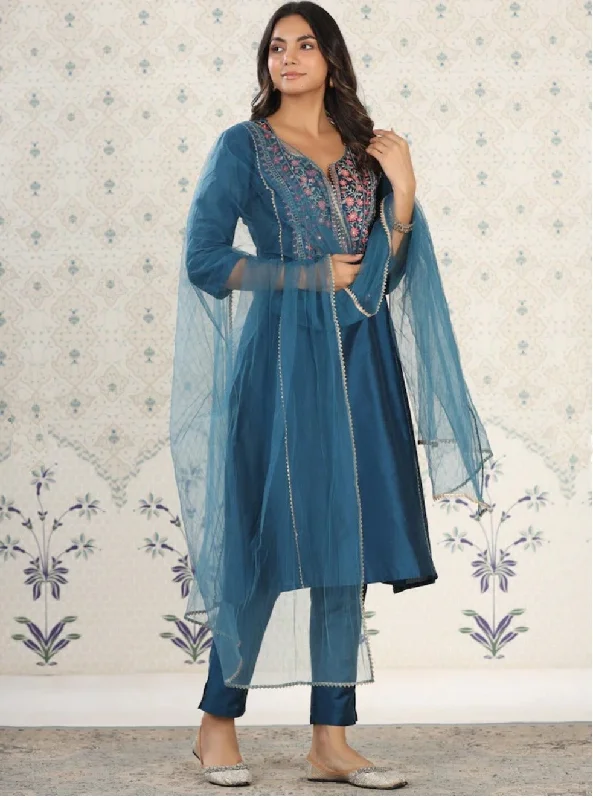 NOZ2TOZ Women Party Wear Embroidery Worked Kurta With Pant And Dupatta Set - Petrol Green Elegant Wool Trousers NOZ2TOZ Women Party Wear Embroidery Worked Kurta With Pant And Dupatta Set - Petrol Green Elegant Wool Trousers