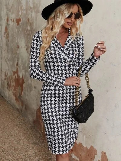Houndstooth Buttoned Lapel Collar Slit Dress Tunics Denim casual