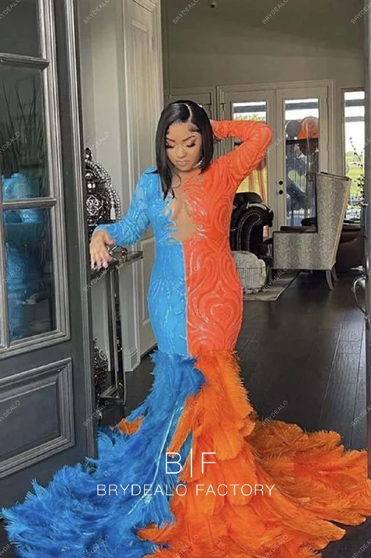 Two Tone Sequin Long Sleeves Big Feather Mermaid Prom Dress Tunics Brand named