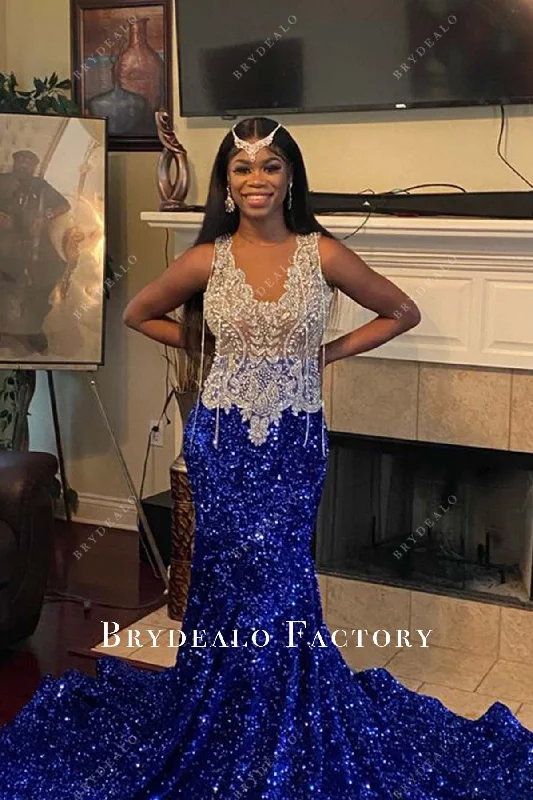 Rhinestone Royal Blue Stretchy Sequin Mermaid Fringe Prom Dress Square Neckline Feminine