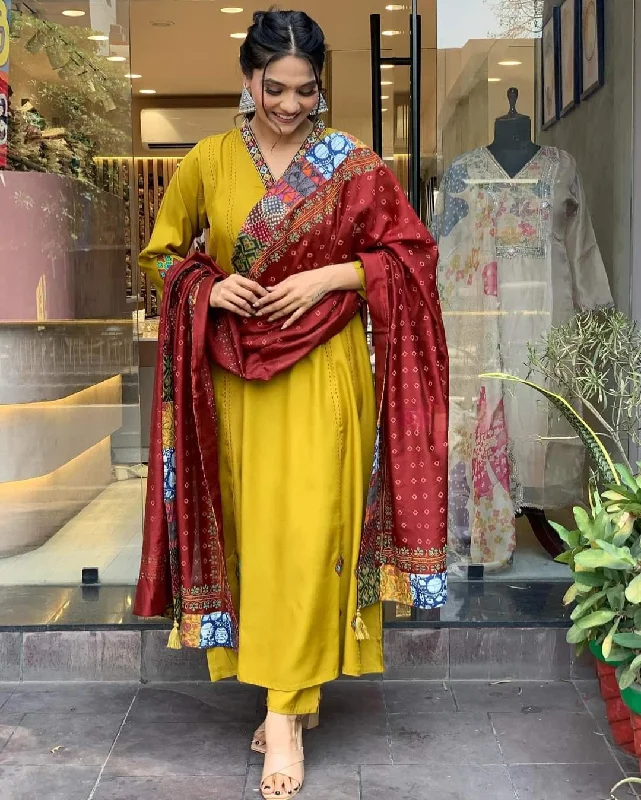 NOZ2TOZ Women Party Wear Embroidery Worked Kurta With Pant And Dupatta Set - Mustard Comfortable Denim Pants NOZ2TOZ Women Party Wear Embroidery Worked Kurta With Pant And Dupatta Set - Mustard Comfortable Denim Pants