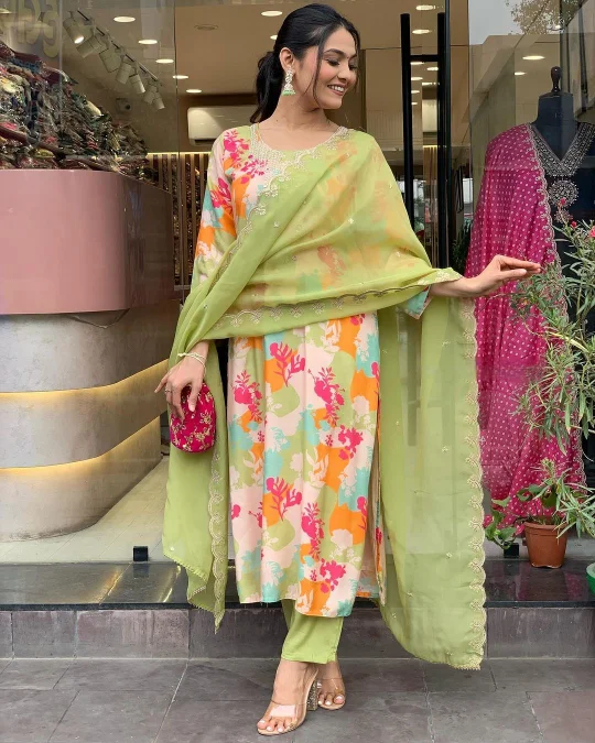 NOZ2TOZ Women Party Wear Embroidery Worked Kurta With Pant And Dupatta Set - Multi Colour Trendy Work Pants NOZ2TOZ Women Party Wear Embroidery Worked Kurta With Pant And Dupatta Set - Multi Colour Trendy Work Pants