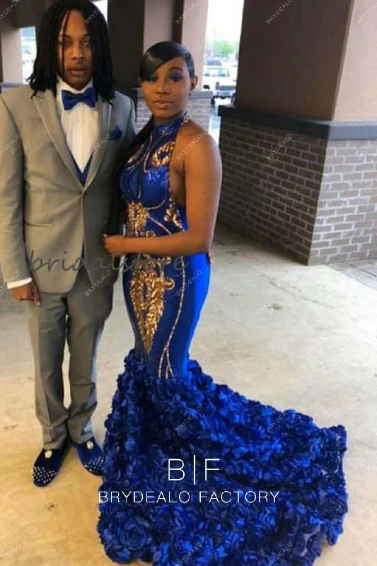 Royal Blue 3D Rose Flowers Trumpet Sleeveless Halter Prom Dress Tunics Fall fleece