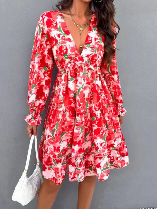 Blue Zone Planet | Lilly's floral printed V-neck long-sleeved knee-length dress Tunics Long Elegant Blue Zone Planet | Lilly's floral printed V-neck long-sleeved knee-length dress Tunics Long Elegant
