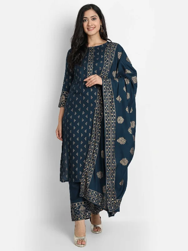 NOZ2TOZ Women Blue Printed Viscose Rayon Kurta And Pant Set Casual Sweatpants Style