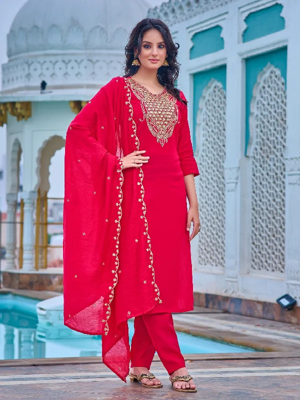 NOZ2TOZ Women Party Wear Embroidery Worked Kurta With Pant And Dupatta Set - Rani Slim Fit Casual Pants NOZ2TOZ Women Party Wear Embroidery Worked Kurta With Pant And Dupatta Set - Rani Slim Fit Casual Pants