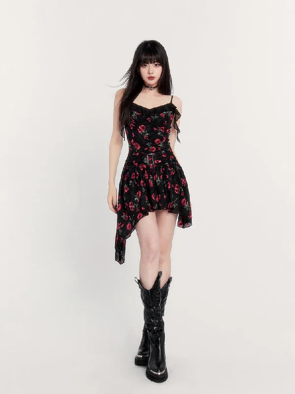 Floral Print Gothic Mini Dress with Asymmetric Hem Comfortable Polka Dot Mini Dress