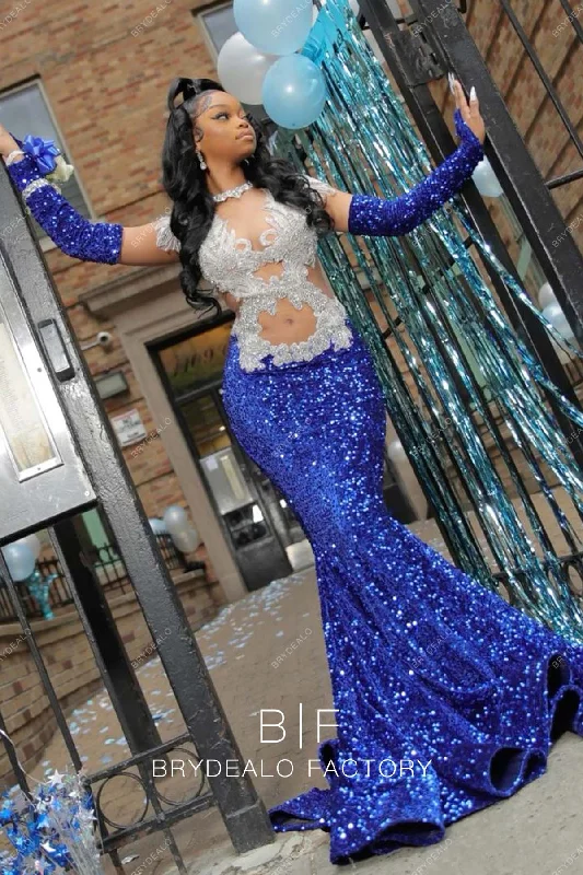 Cutouts Royal Blue Sequin Mermaid Horsehair Prom Dress Tunics Bridal satin