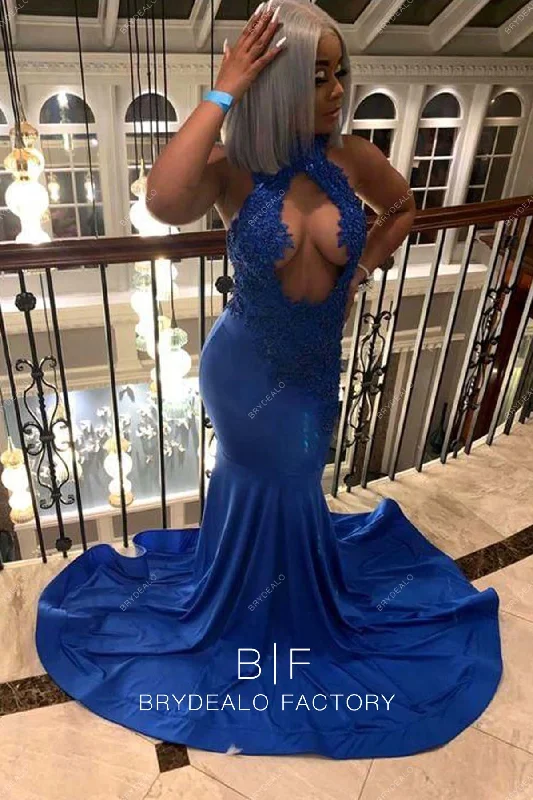 Royal Blue Keyhole Halter Neck Lace Mermaid Jersey Prom Dress Tunics Sale discount