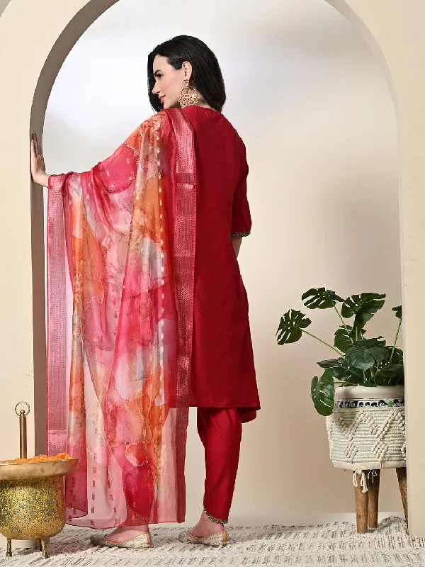 Myshka Women's Solid V-Neck Bell Sleeves Kurta & Dhoti Pants With Printed Dupatta Sets in Red Color Fashionable Tapered Leg Pants Myshka Women's Solid V-Neck Bell Sleeves Kurta & Dhoti Pants With Printed Dupatta Sets in Red Color Fashionable Tapered Leg Pants