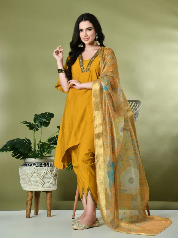 Myshka Women's Solid V-Neck Bell Sleeves Kurta & Dhoti Pants With Printed Dupatta Sets in Mustard Color Chic Slim Fit Pants Myshka Women's Solid V-Neck Bell Sleeves Kurta & Dhoti Pants With Printed Dupatta Sets in Mustard Color Chic Slim Fit Pants