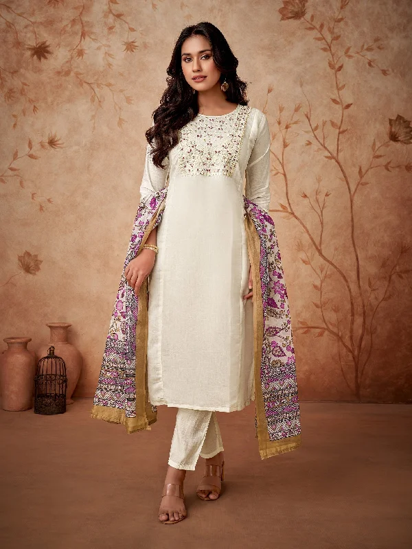 NOZ2TOZ Women Party Wear Embroidery Worked Kurta With Pant And Dupatta Set - Off White Trendy Wide-Leg Pants NOZ2TOZ Women Party Wear Embroidery Worked Kurta With Pant And Dupatta Set - Off White Trendy Wide-Leg Pants