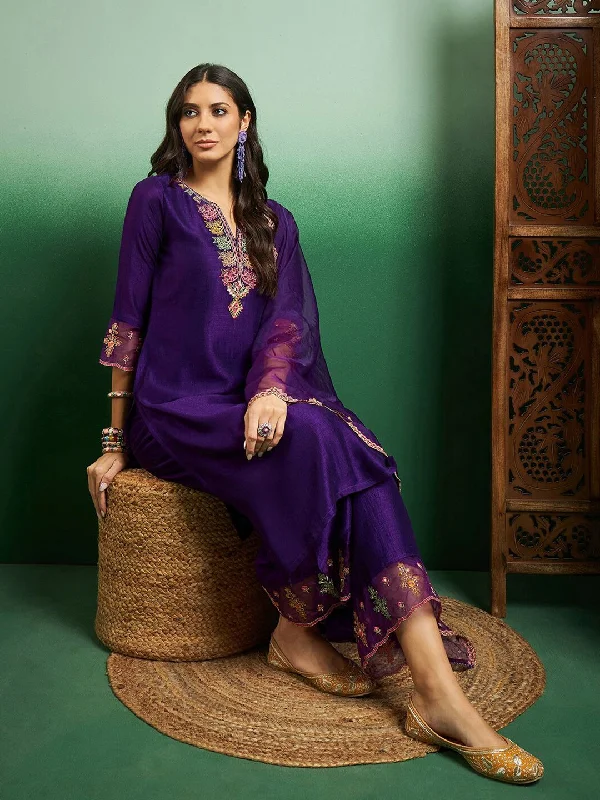 NOZ2TOZ Women Party Wear Embroidery Worked Kurta With Pant And Dupatta Set - Purple Fashionable Sporty Pants NOZ2TOZ Women Party Wear Embroidery Worked Kurta With Pant And Dupatta Set - Purple Fashionable Sporty Pants