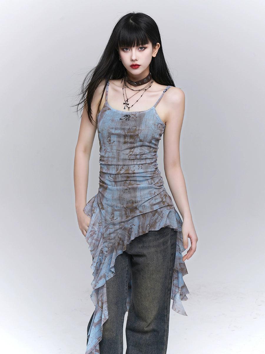 Ladyghost Grunge Fairy Asymmetrical Cami Dress - Women'S Tie-Dye Ruched Mini Dress With Ruffle Hem Cozy Ribbed Mini Dress Ladyghost Grunge Fairy Asymmetrical Cami Dress - Women'S Tie-Dye Ruched Mini Dress With Ruffle Hem Cozy Ribbed Mini Dress