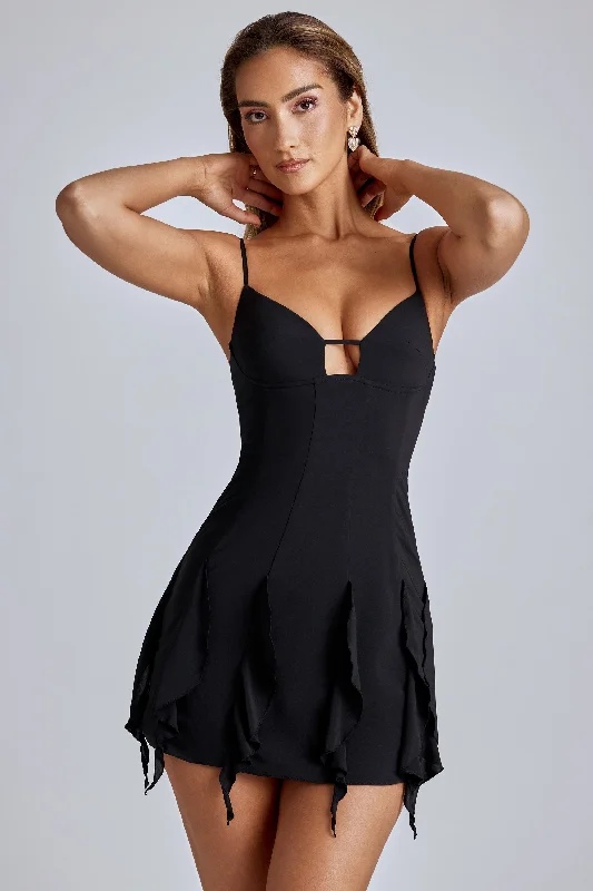 Ruffle Mini Dress in Black Fashionable Denim Mini Dress