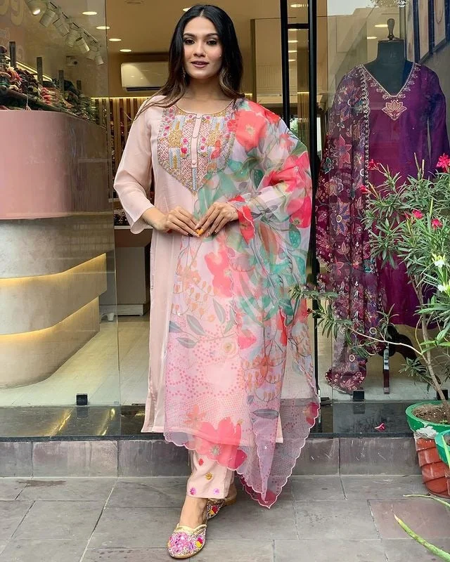 NOZ2TOZ Women Party Wear Embroidery Worked Kurta With Pant And Dupatta Set - Peach Comfy Zip-Up Pants