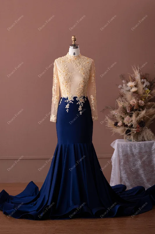 Two-Tone Beaded Lace Jersey Mermaid Sexy See-through Top Prom Dress Cowl Neckline Elegant Two-Tone Beaded Lace Jersey Mermaid Sexy See-through Top Prom Dress Cowl Neckline Elegant